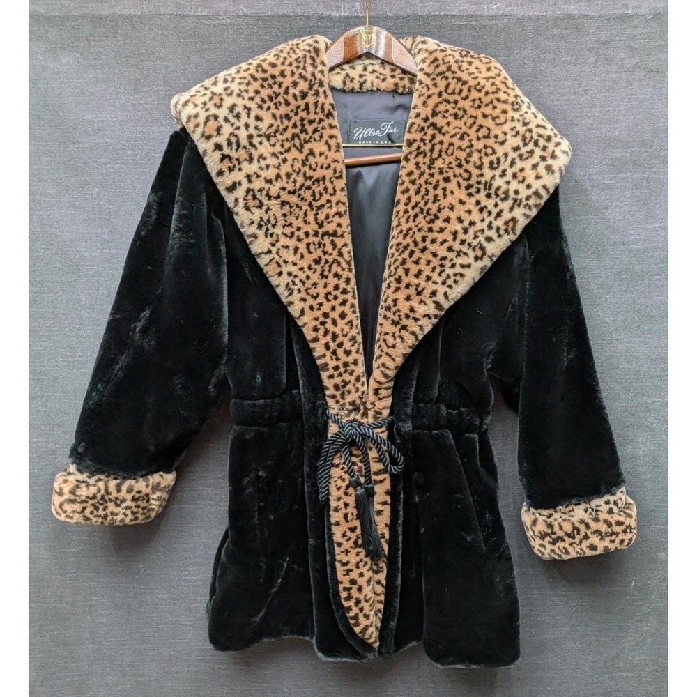 Ultra Fur Faux Fur Leopard Print Winter Coat Corded Belt Mob Wife City Chic Sz M